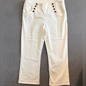 Diane Gilman White High-Rise Wide Leg Jeans with Button Accent